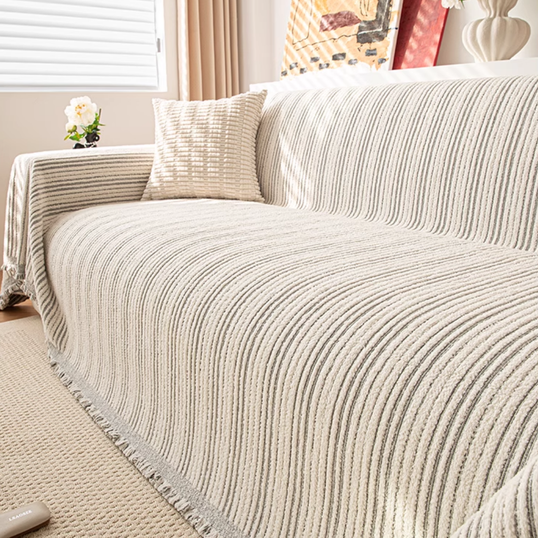 ナチュラルもこもこストライプソファカバー