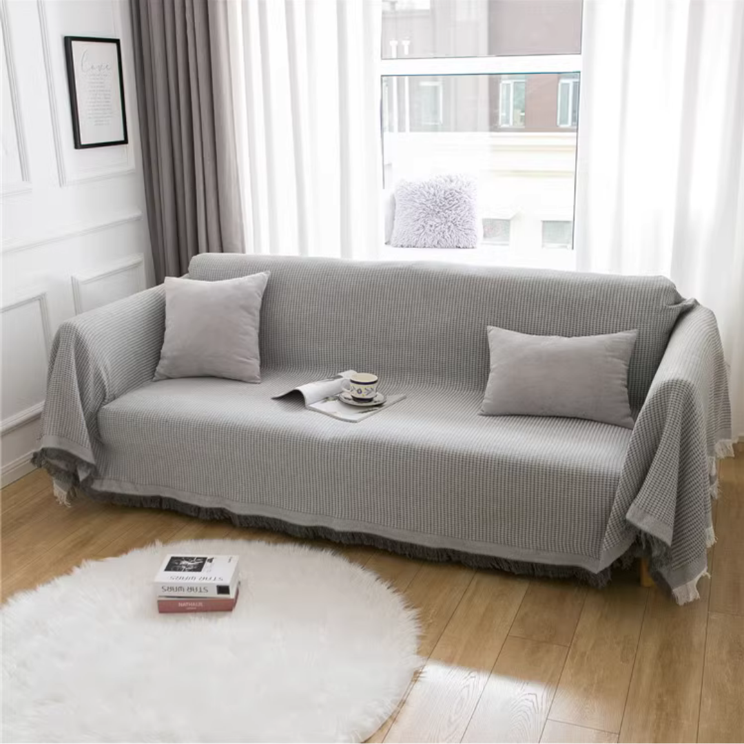 ナチュラルワッフルフリンジソファカバー