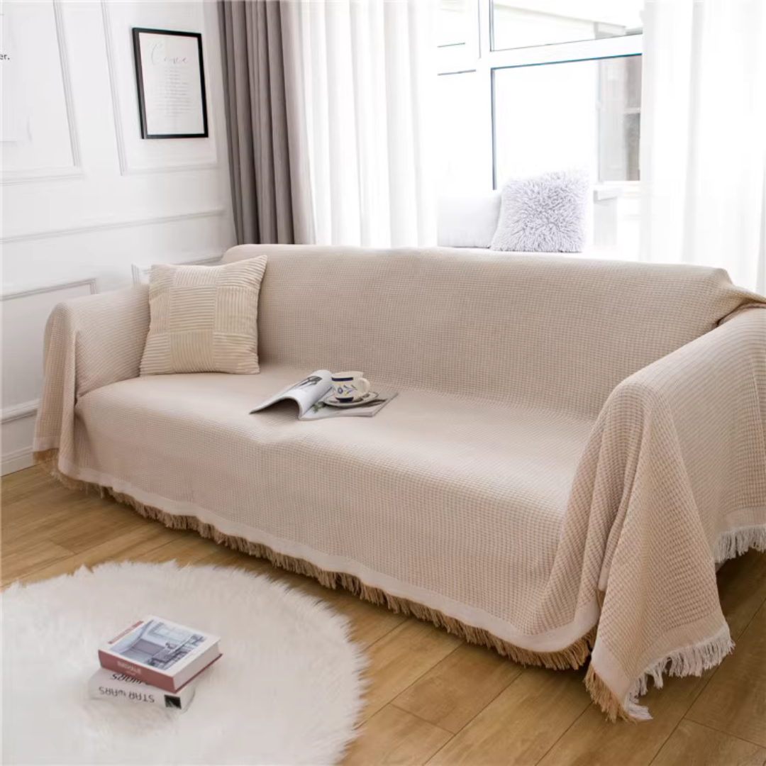 ナチュラルワッフルフリンジソファカバー