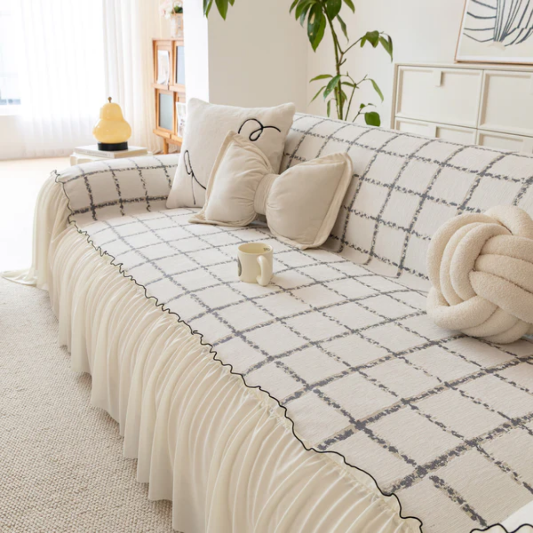 ナチュラルフリルチェックソファカバー