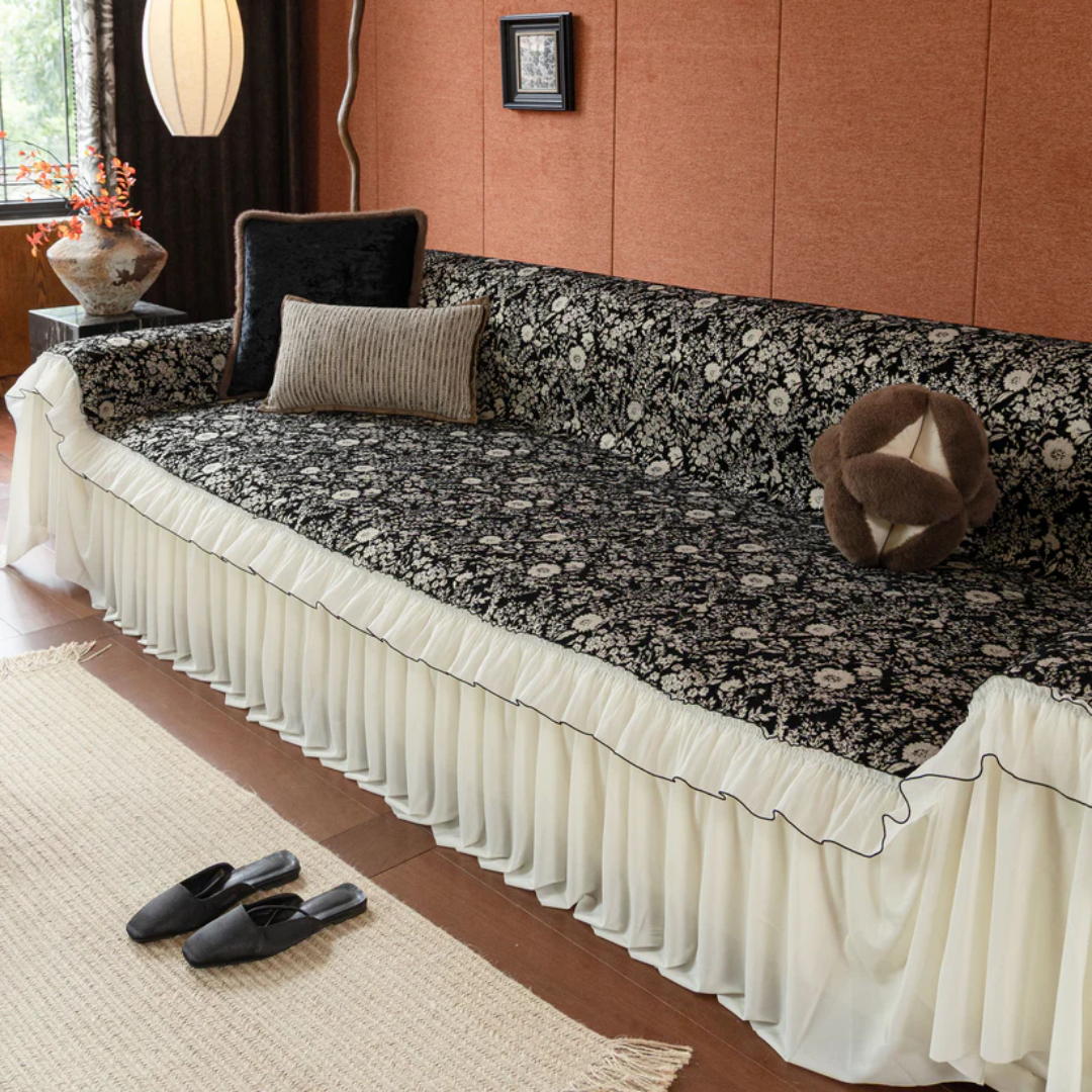 ヴィンテージフローラルフリルソファカバー