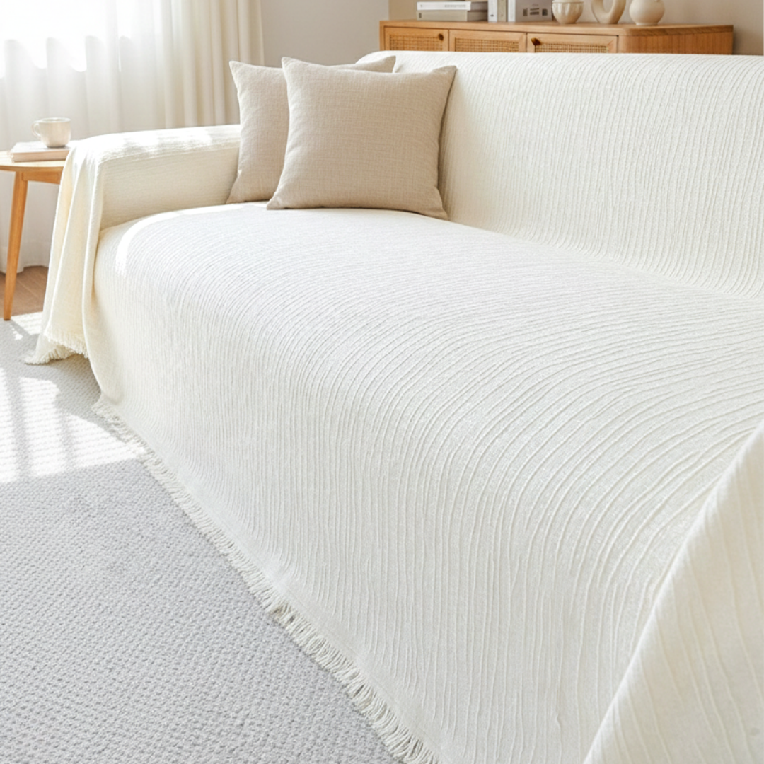 オフホワイト ソファカバー 180cm x 260cm ナチュラルリラックスフリンジソファカバー – SOFA DECO（ソファデコ