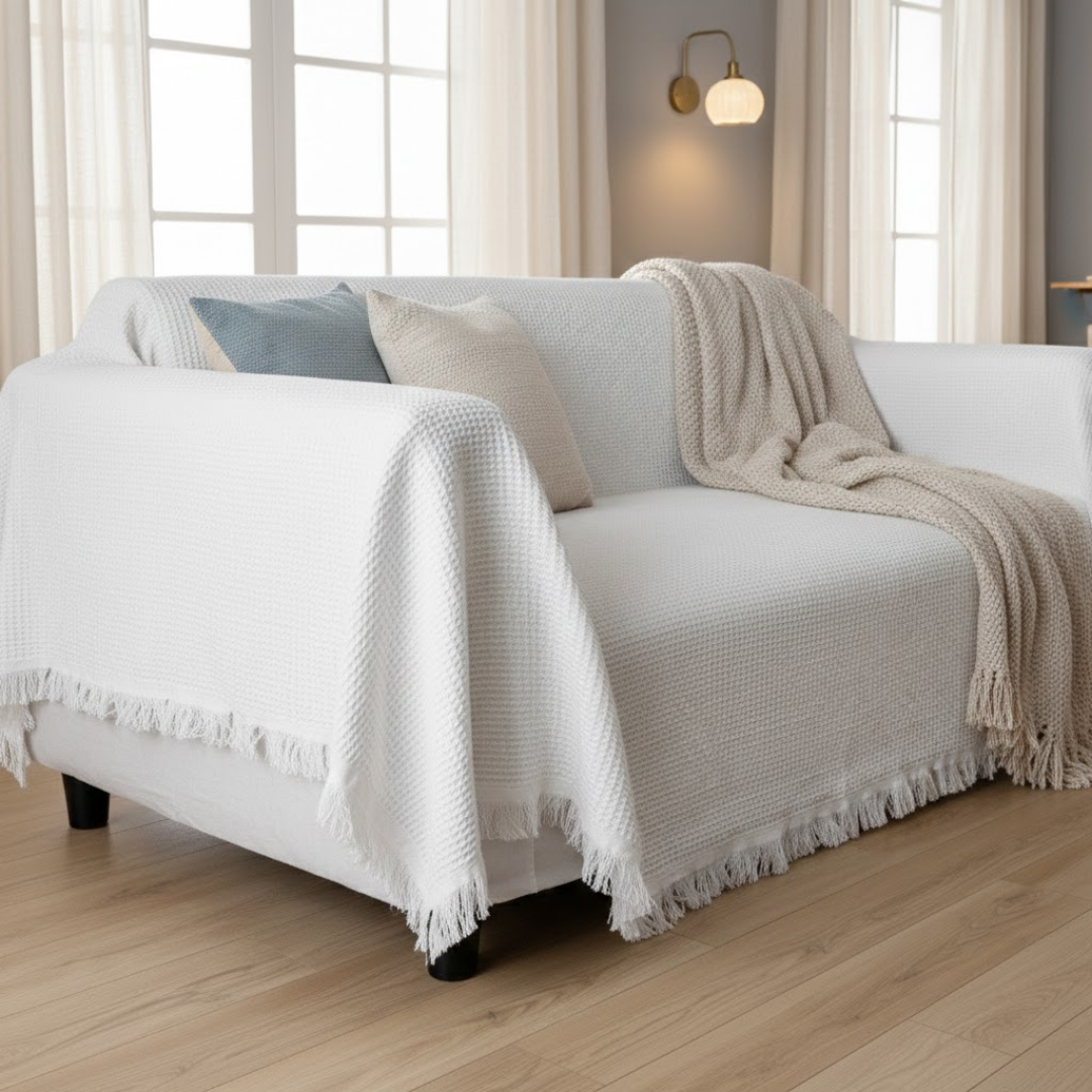 ホワイトワッフルソファーカバー
