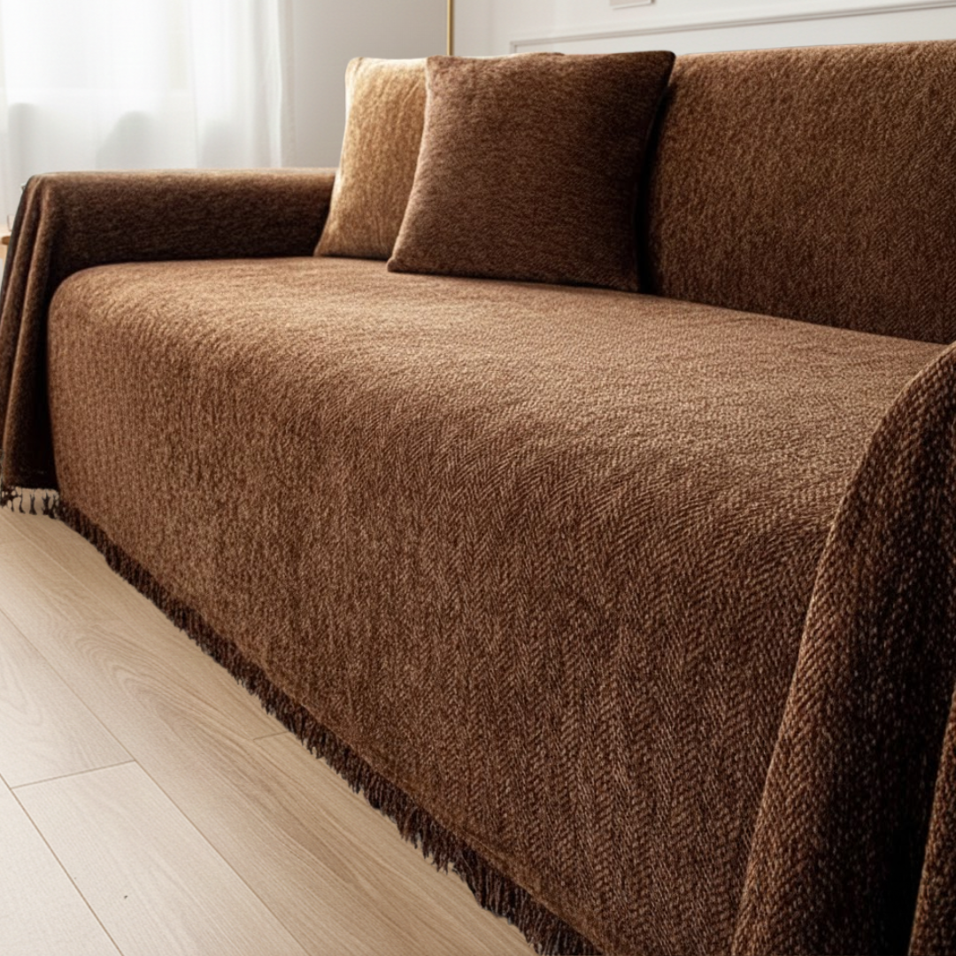 ソファーカバー ベージュ ゴムタイプ 横幅150cm程 マルチシェニール風スローソファカバー – SOFA DECO（ソファデコ