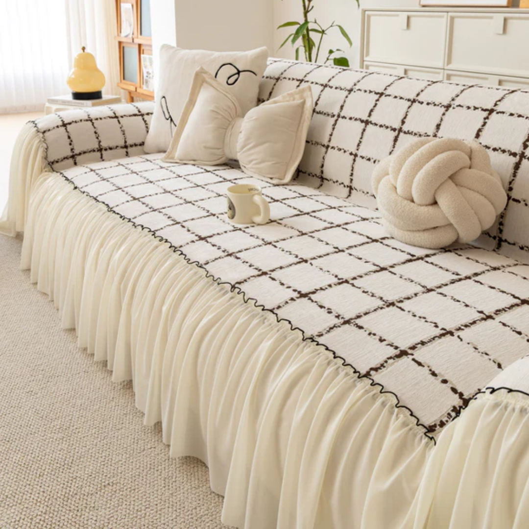 ナチュラルフリルチェックソファカバー