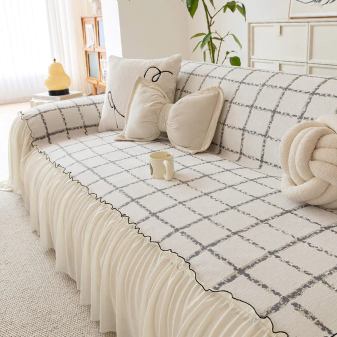 ナチュラルフリルチェックソファカバー