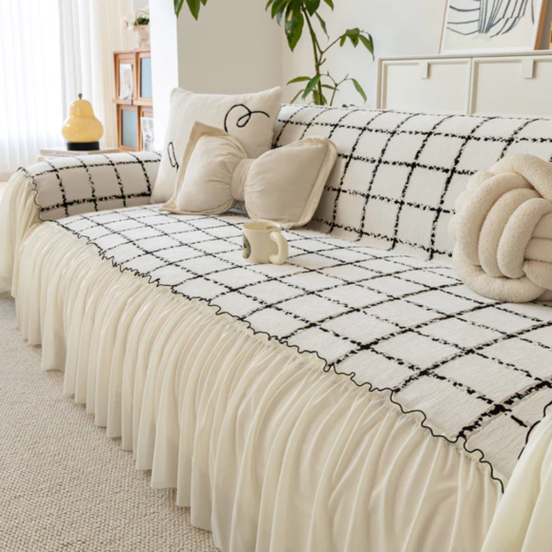 ナチュラルフリルチェックソファカバー