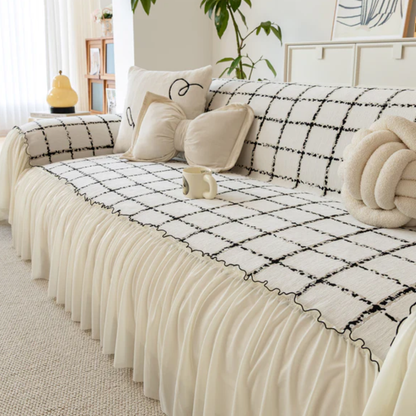 ナチュラルフリルチェックソファカバー