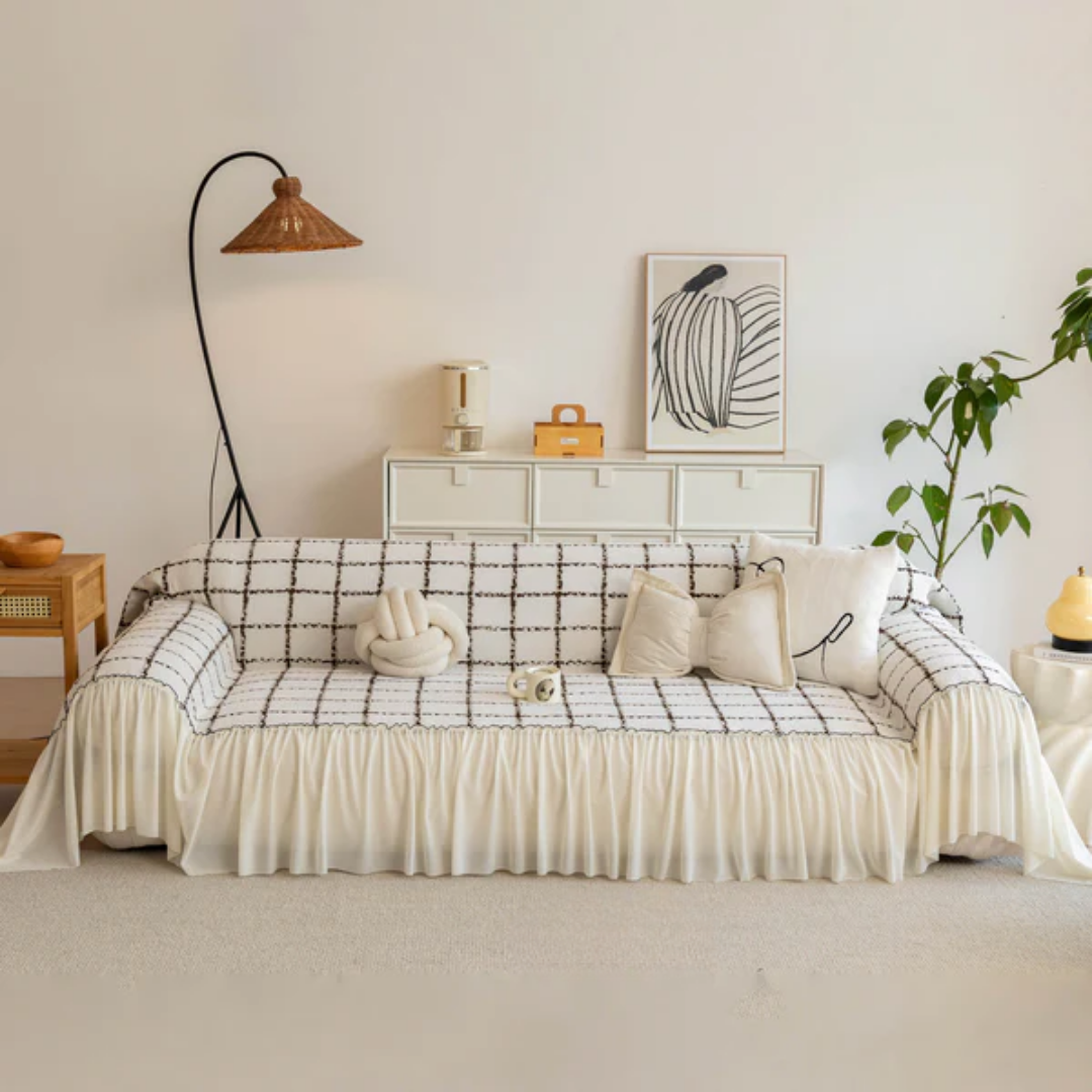 ナチュラルフリルチェックソファカバー