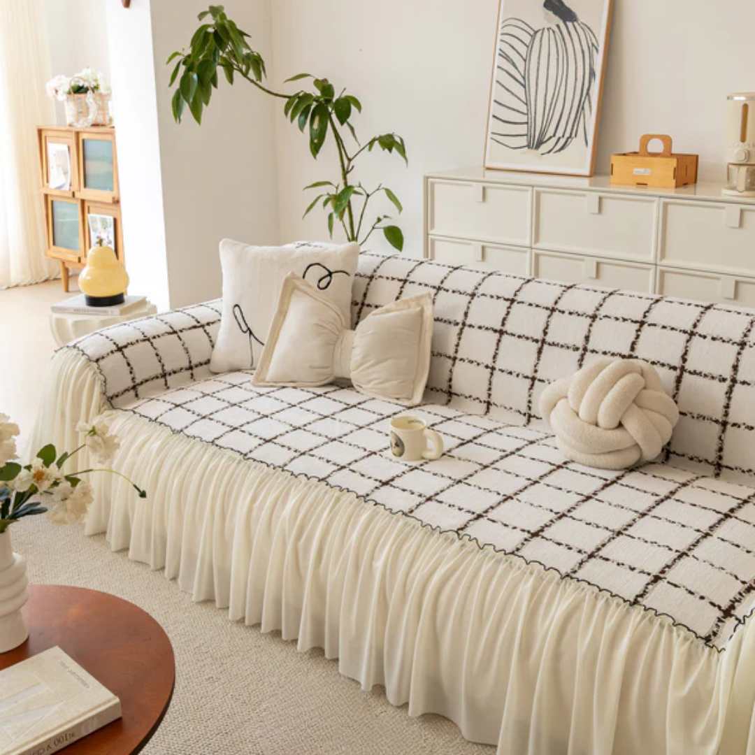 ナチュラルフリルチェックソファカバー
