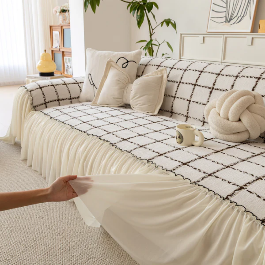 ナチュラルフリルチェックソファカバー