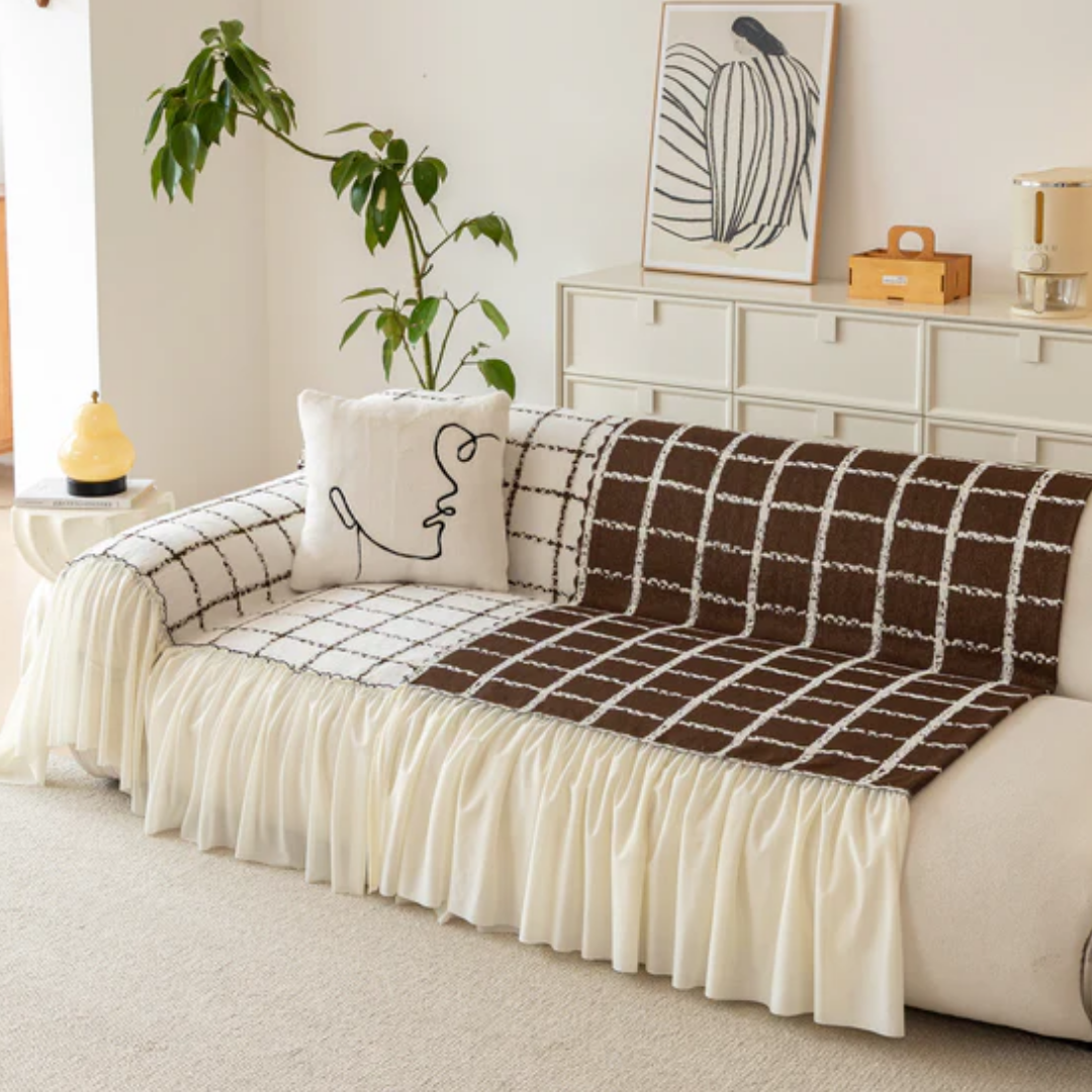 ナチュラルフリルチェックソファカバー