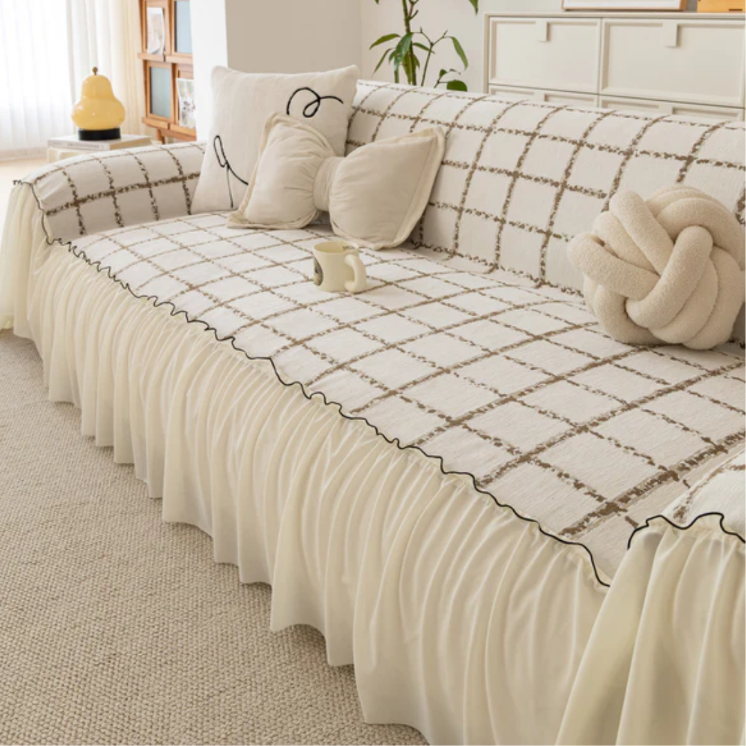 ナチュラルフリルチェックソファカバー
