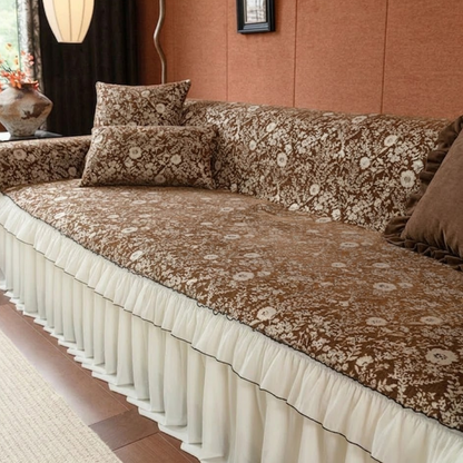 ヴィンテージフローラルフリルソファカバー