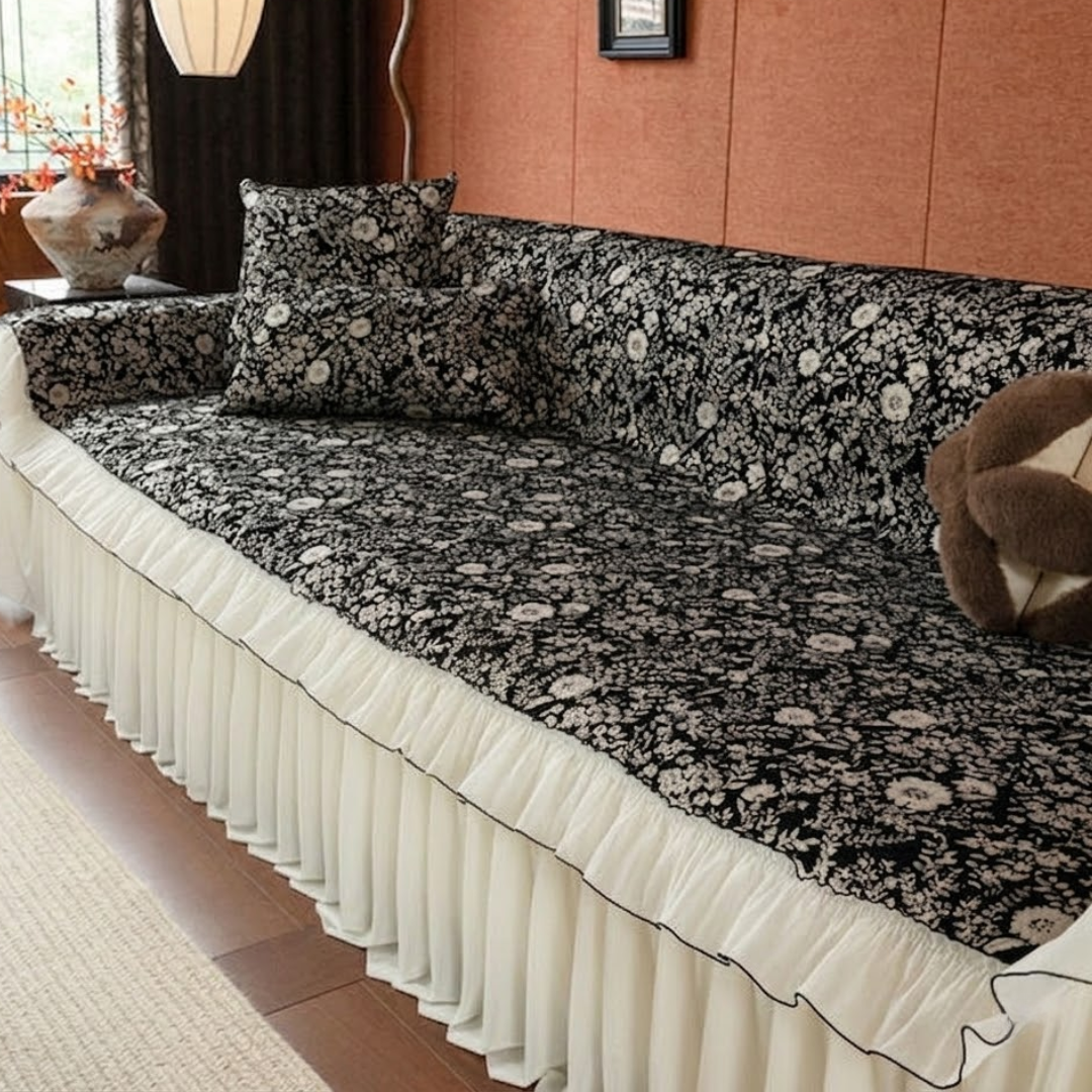 ヴィンテージフローラルフリルソファカバー