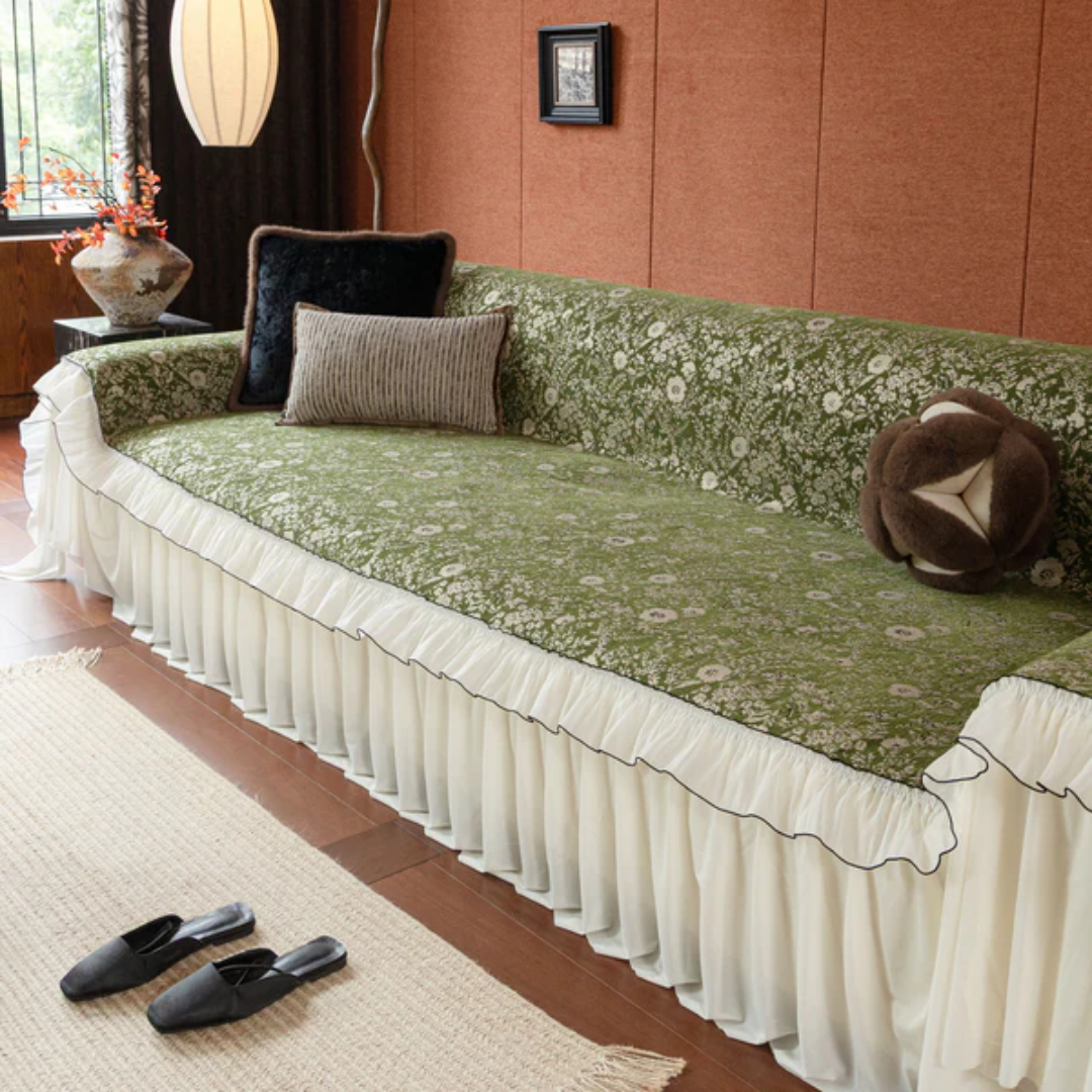 ヴィンテージフローラルフリルソファカバー