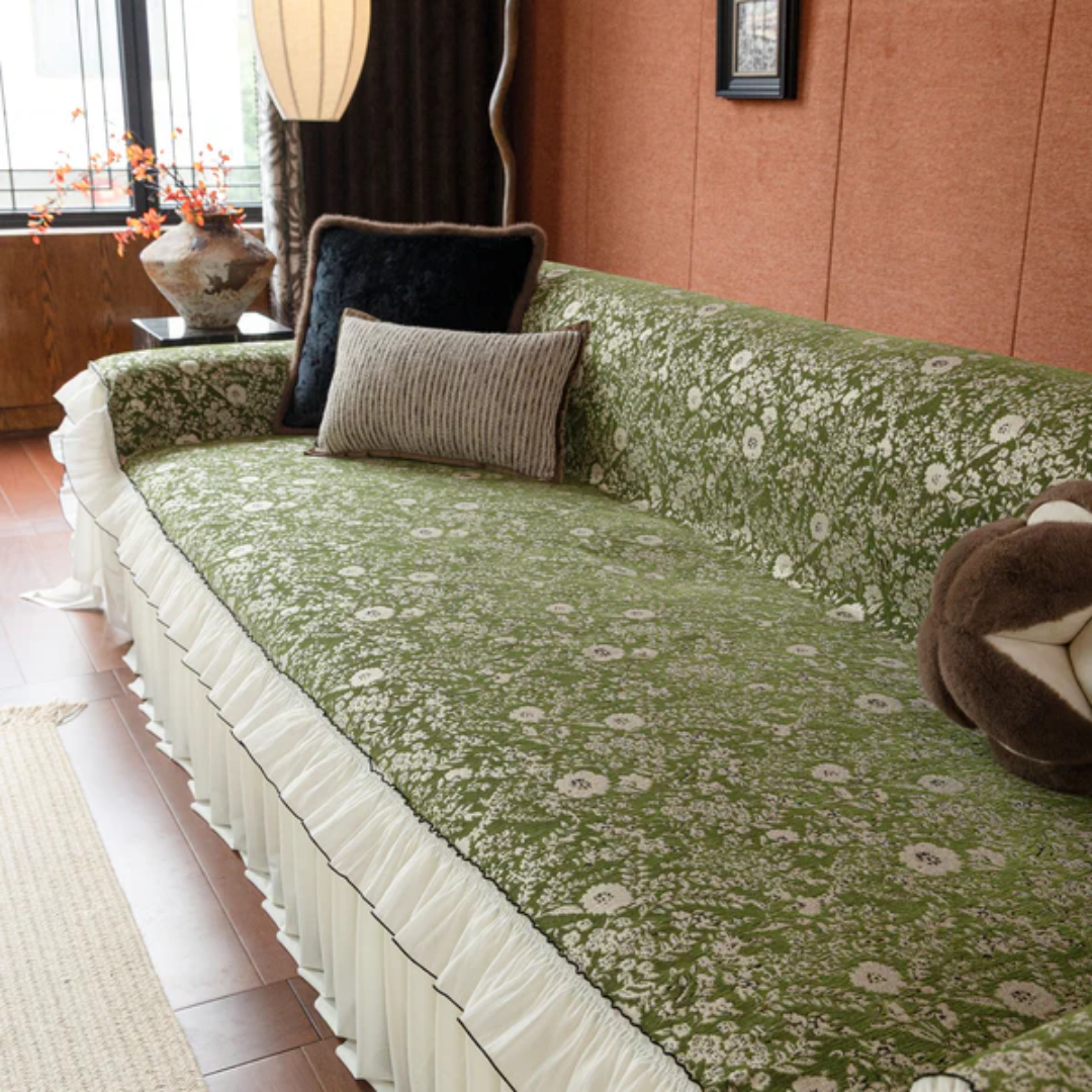 ヴィンテージフローラルフリルソファカバー