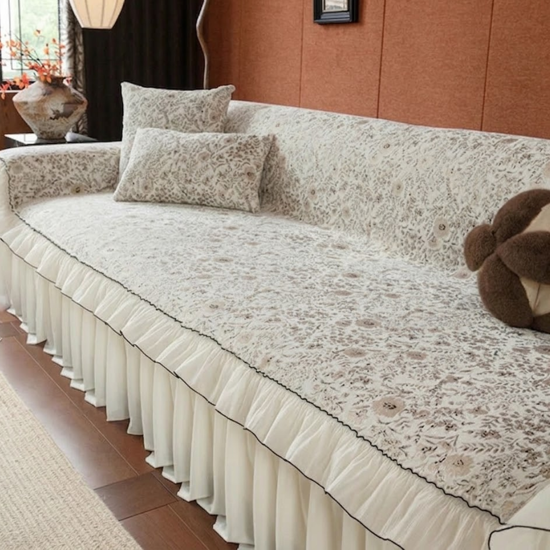 ヴィンテージフローラルフリルソファカバー